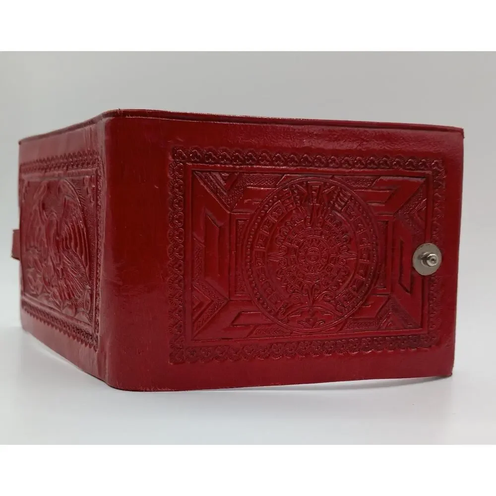 Vintage Red Hand Tooled Leather Wallet Aztec Calendar